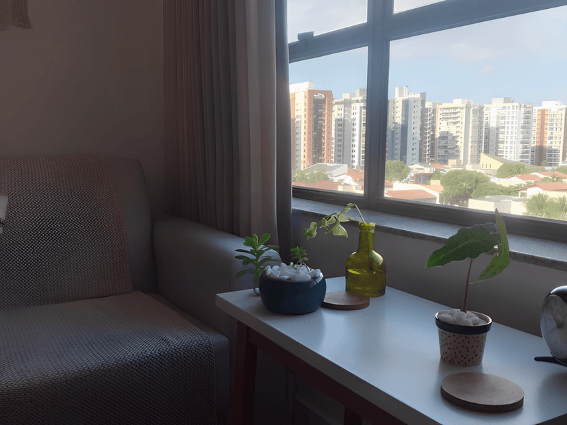 Uma mesa de café branca com duas plantas em vasos e uma garrafa de vidro verde na frente de uma janela com vista para edifícios da cidade. Há um sofá cinza claro e cortinas cinzas claro na sala.